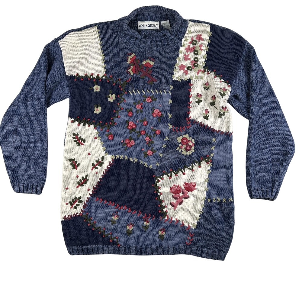 Vintage White Stag Sweater Womens Medium Blue Patchwork Floral Embroidered 90s